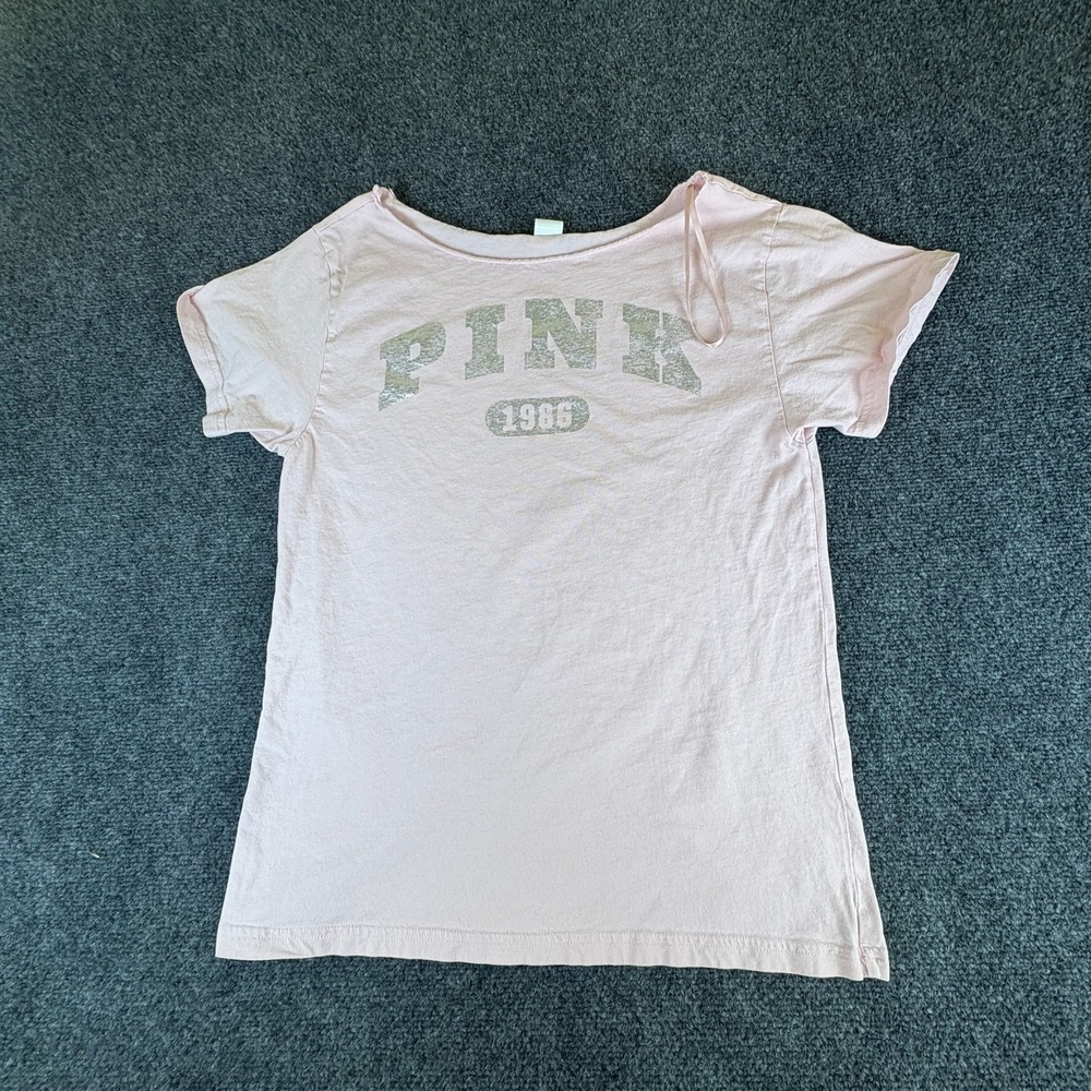 Victoria's Secret Pink T-Shirt Womens XS Logo Graphic Cotton Off The Shoulder